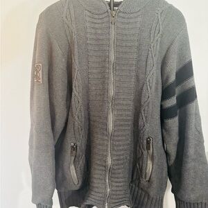 Men's Gray Zip-Up Sweater with Black Stripes